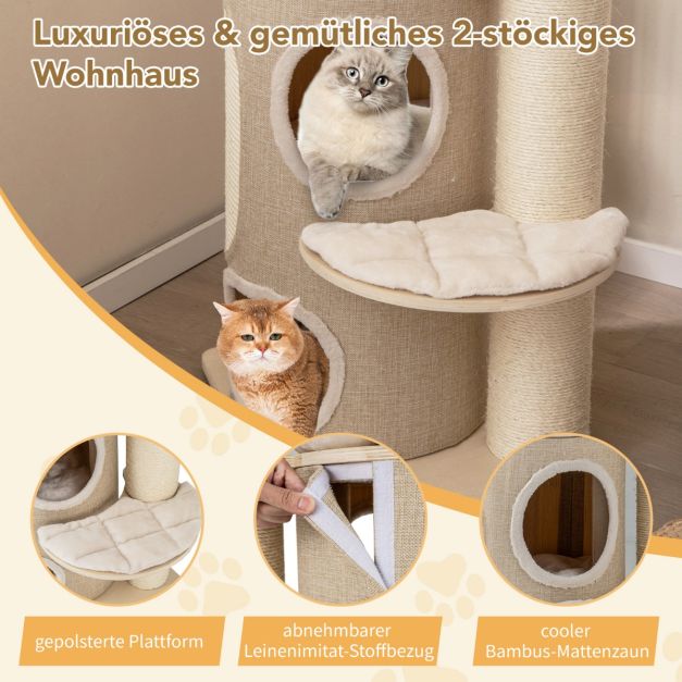 Kattenboom met Krabton – 2-Laags Kattenhuis met Hangmat 58 x 48 x 154 cm – Naturel