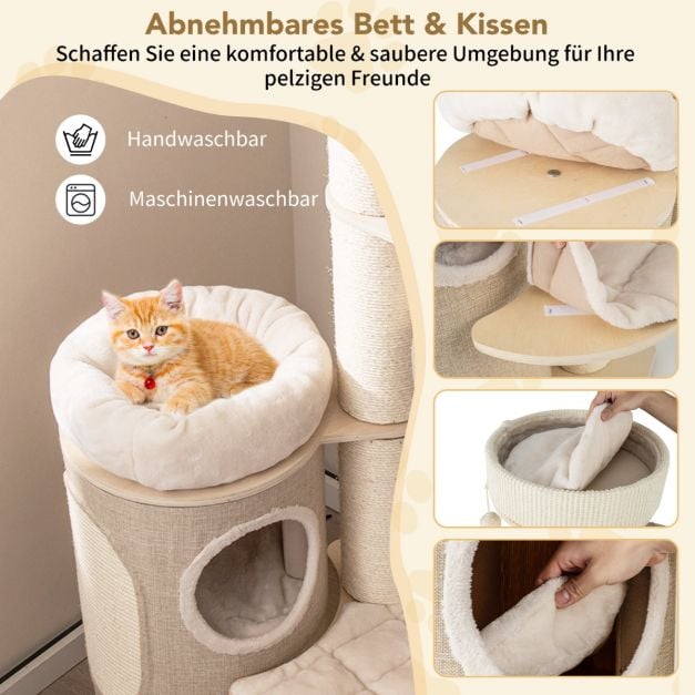 Kattenboom met Krabton – 2-Laags Kattenhuis met Hangmat 58 x 48 x 154 cm – Naturel