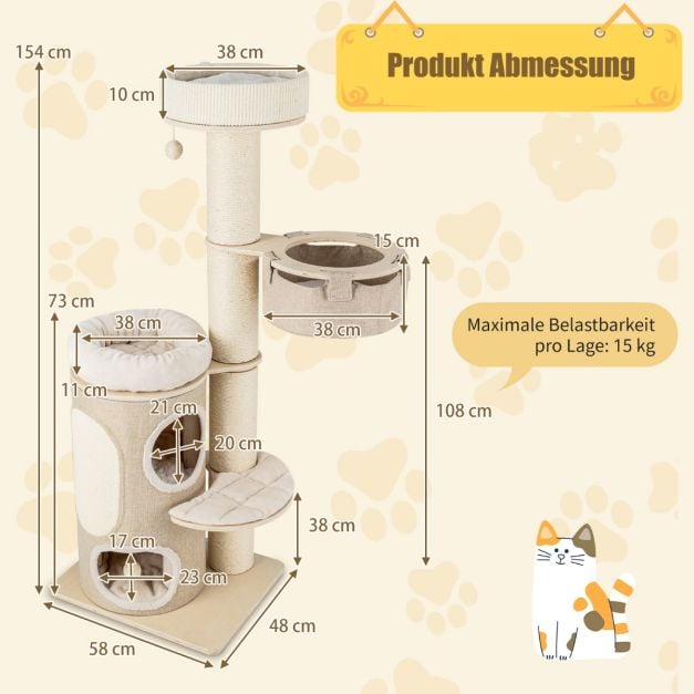 Kattenboom met Krabton – 2-Laags Kattenhuis met Hangmat 58 x 48 x 154 cm – Naturel