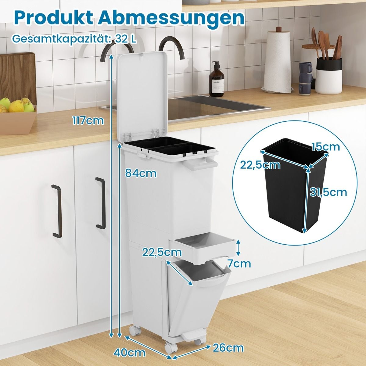 Coast 3-in-1 Afvalbak Wit – 36 x 25 x 84 cm – Met Kantelbak, Lade en Wielen