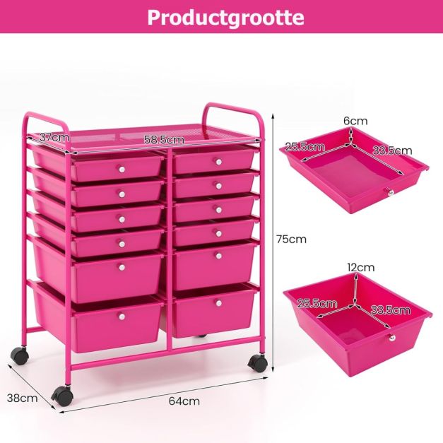 Coast Rollwagen - Metaal - 12 Lades - 64x38x75 cm - Roze