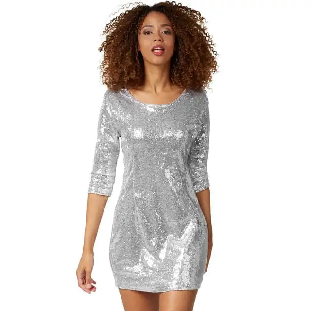 DressForFun Pailletten Jurk Glamour – Voorzien Van Glinsterende Pailletten En Driekwartmouwen En Elastische Pasvorm – Voor Carnaval En Themafeesten – Zilver Polyester – Maat XL