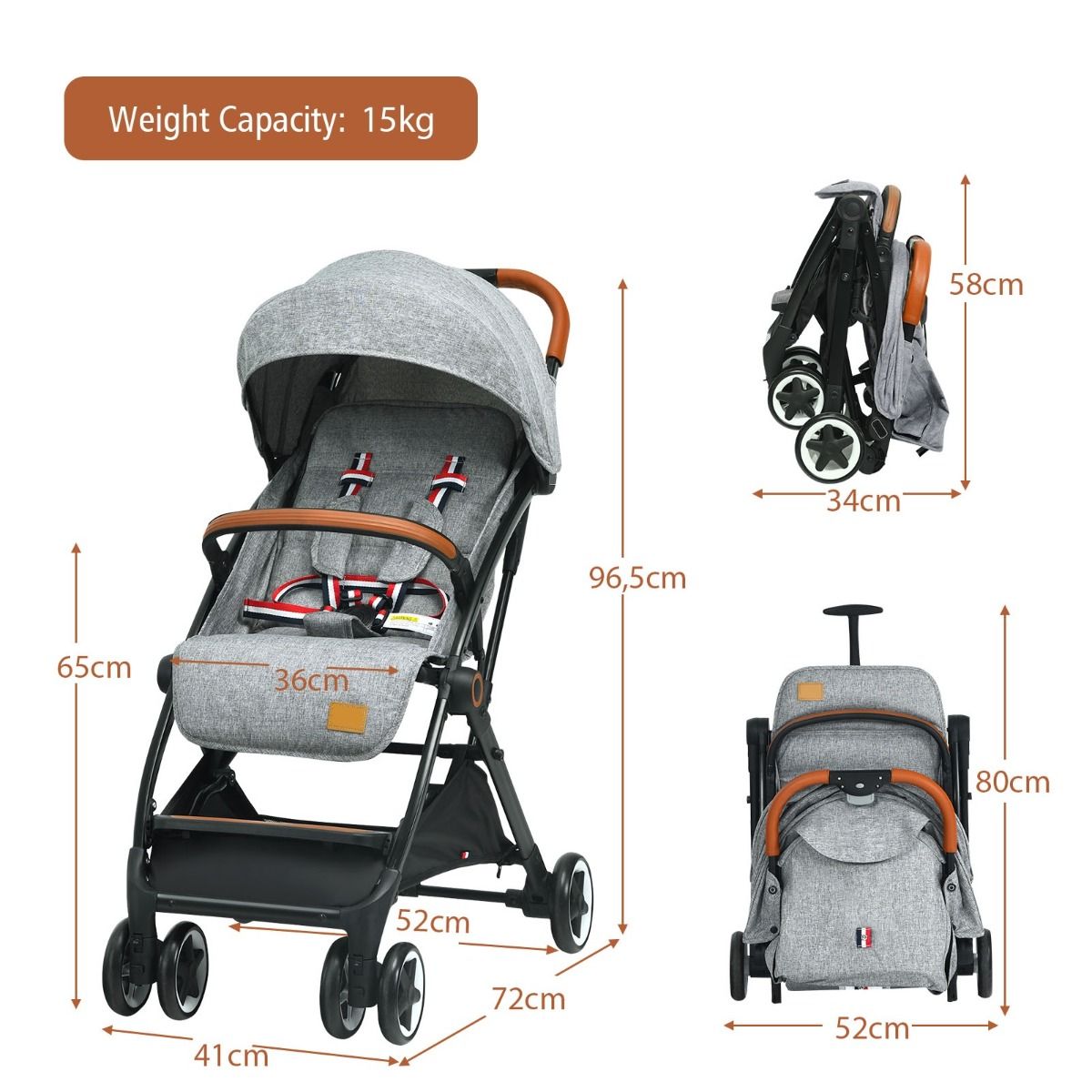 Coast Opvouwbare Kinderwagen - Verstelbare Rugleuning en Voetensteun - Intrekbare Zonnekap - 41 x 72 x 96,5 cm - Grijs