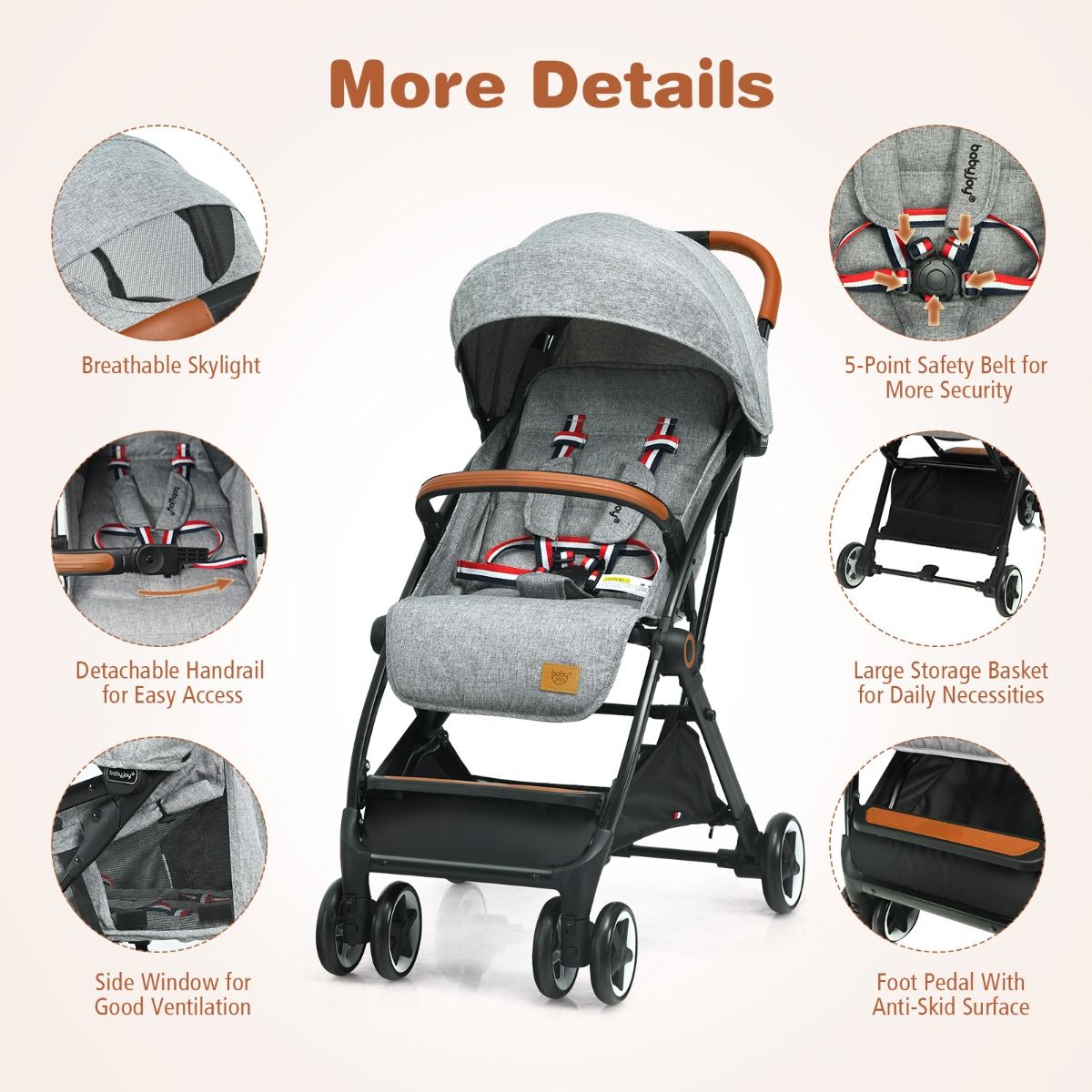 Coast Opvouwbare Kinderwagen - Verstelbare Rugleuning en Voetensteun - Intrekbare Zonnekap - 41 x 72 x 96,5 cm - Grijs