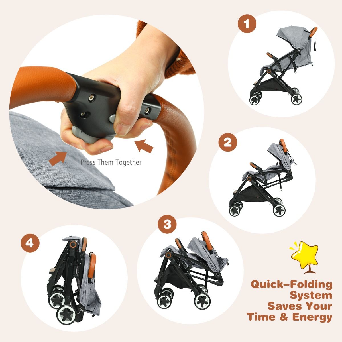 Coast Opvouwbare Kinderwagen - Verstelbare Rugleuning en Voetensteun - Intrekbare Zonnekap - 41 x 72 x 96,5 cm - Grijs