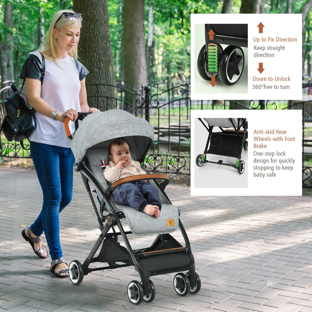 Coast Opvouwbare Kinderwagen - Verstelbare Rugleuning en Voetensteun - Intrekbare Zonnekap - 41 x 72 x 96,5 cm - Grijs