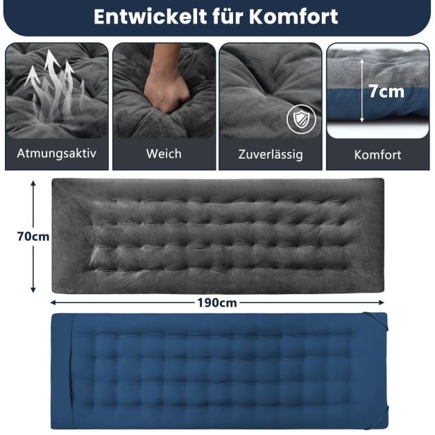 Coast Ligbedkussen Grijs – Dik Loungestoelkussen met Bevestigingsbanden – 190 x 70 x 7 cm