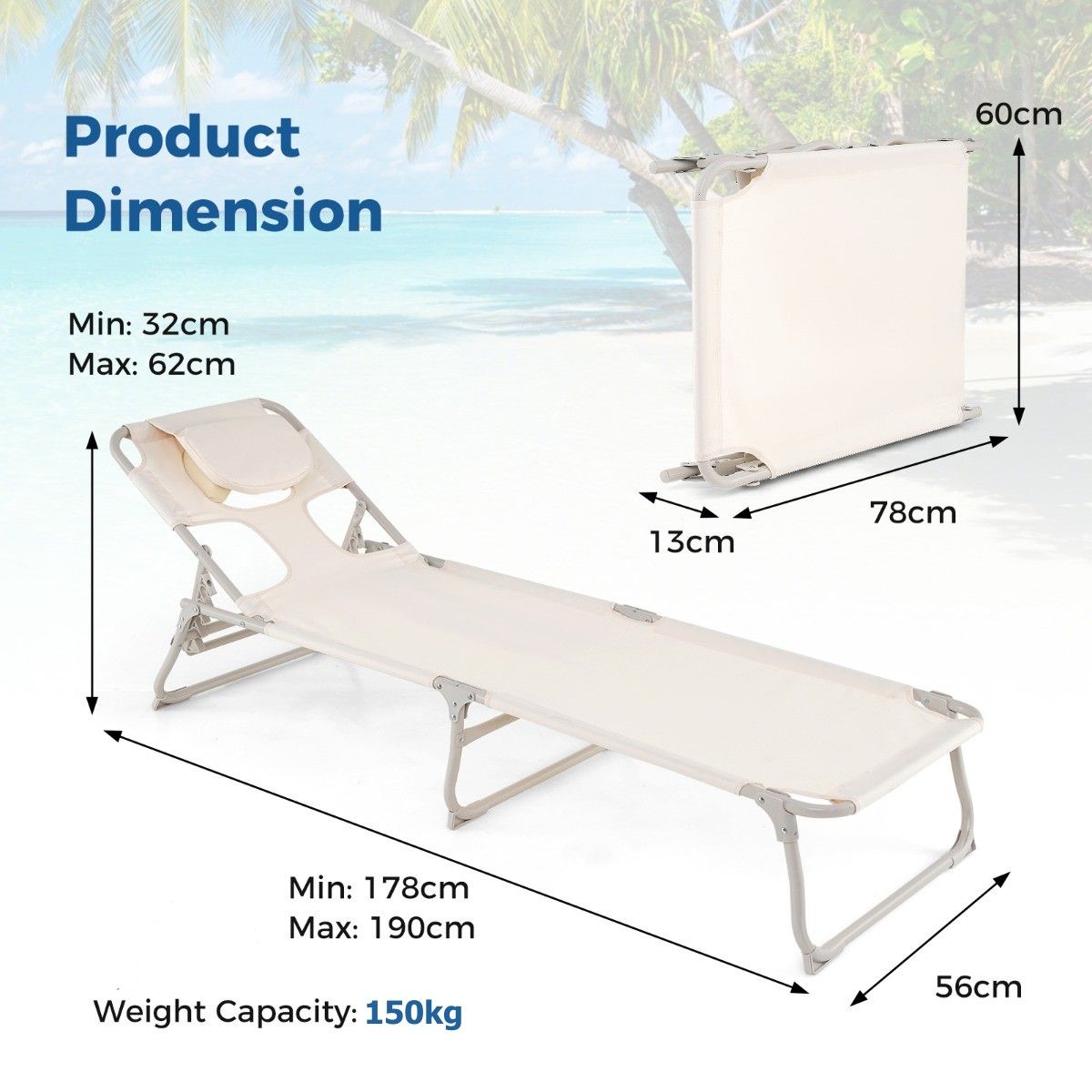 Coast Ligstoel Beige – Opvouwbare Strand- en Terrasligstoel met Gezichts- en Armopeningen, Verstelbare Rugleuning en Voetsteun – 190 x 56 x 62 cm