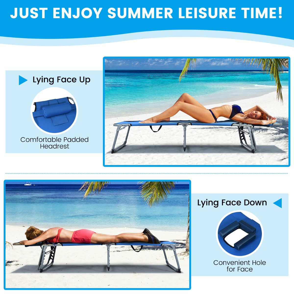 Coast 5-Positie Verstelbare Vouwbare Loungestoel – 194x60x36-86 cm – Blauw – Oxford Stof – 150 kg Draagvermogen