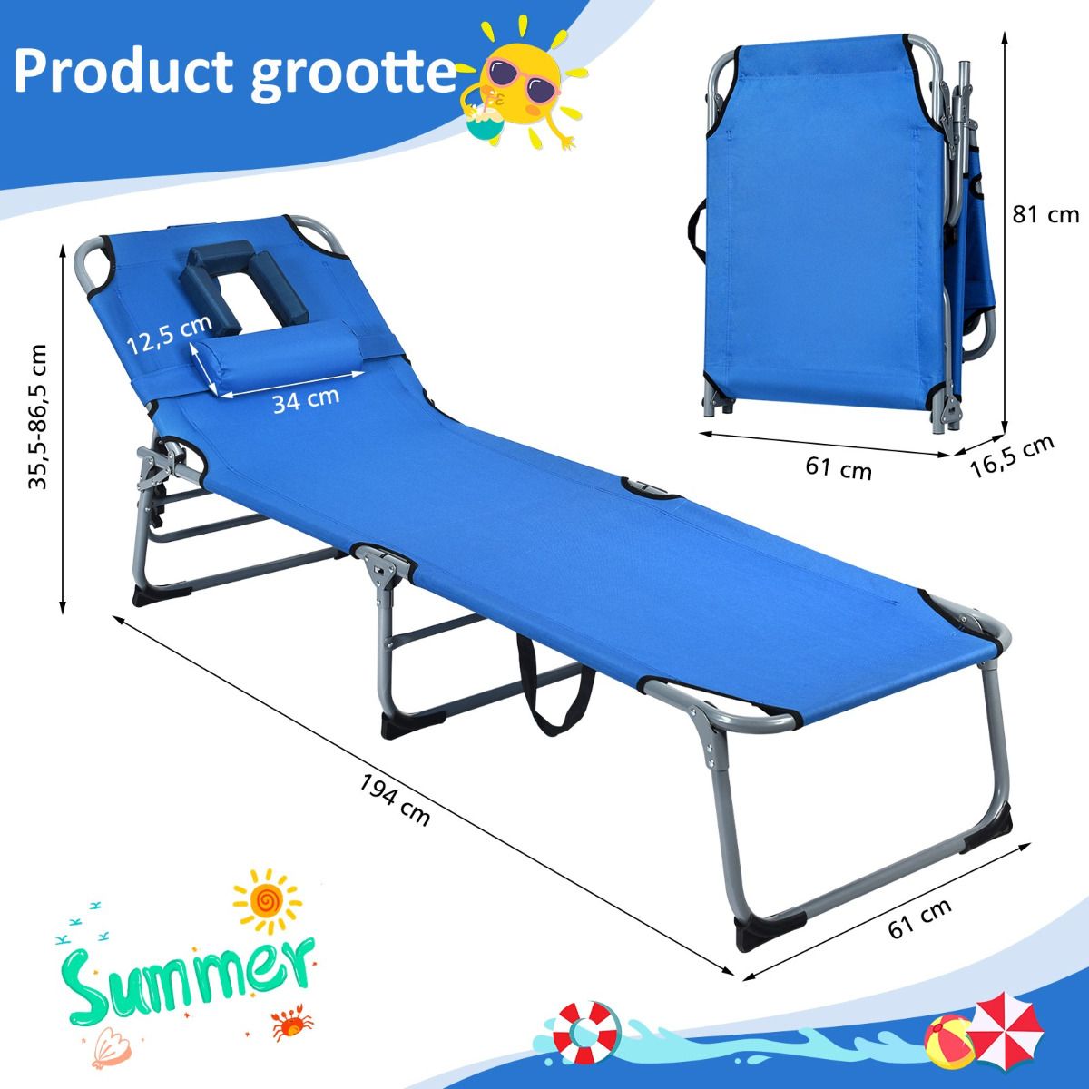 Coast 5-Positie Verstelbare Vouwbare Loungestoel – 194x60x36-86 cm – Blauw – Oxford Stof – 150 kg Draagvermogen