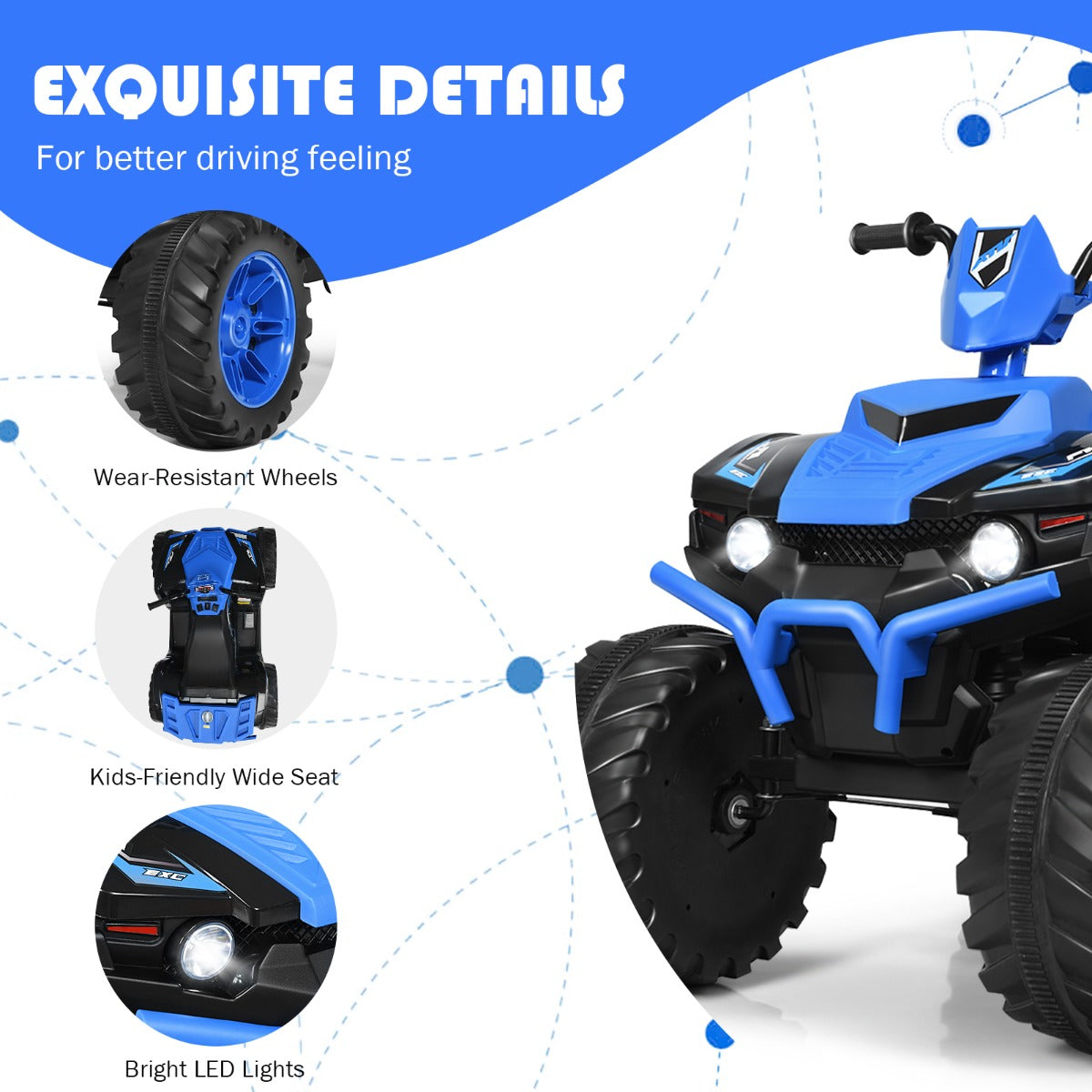 Coastway Kinderquad – Incl. Muziek, LED & USB – 12 V, 2,8-5 km/u – 104 x 67 x 74 cm – Blauw