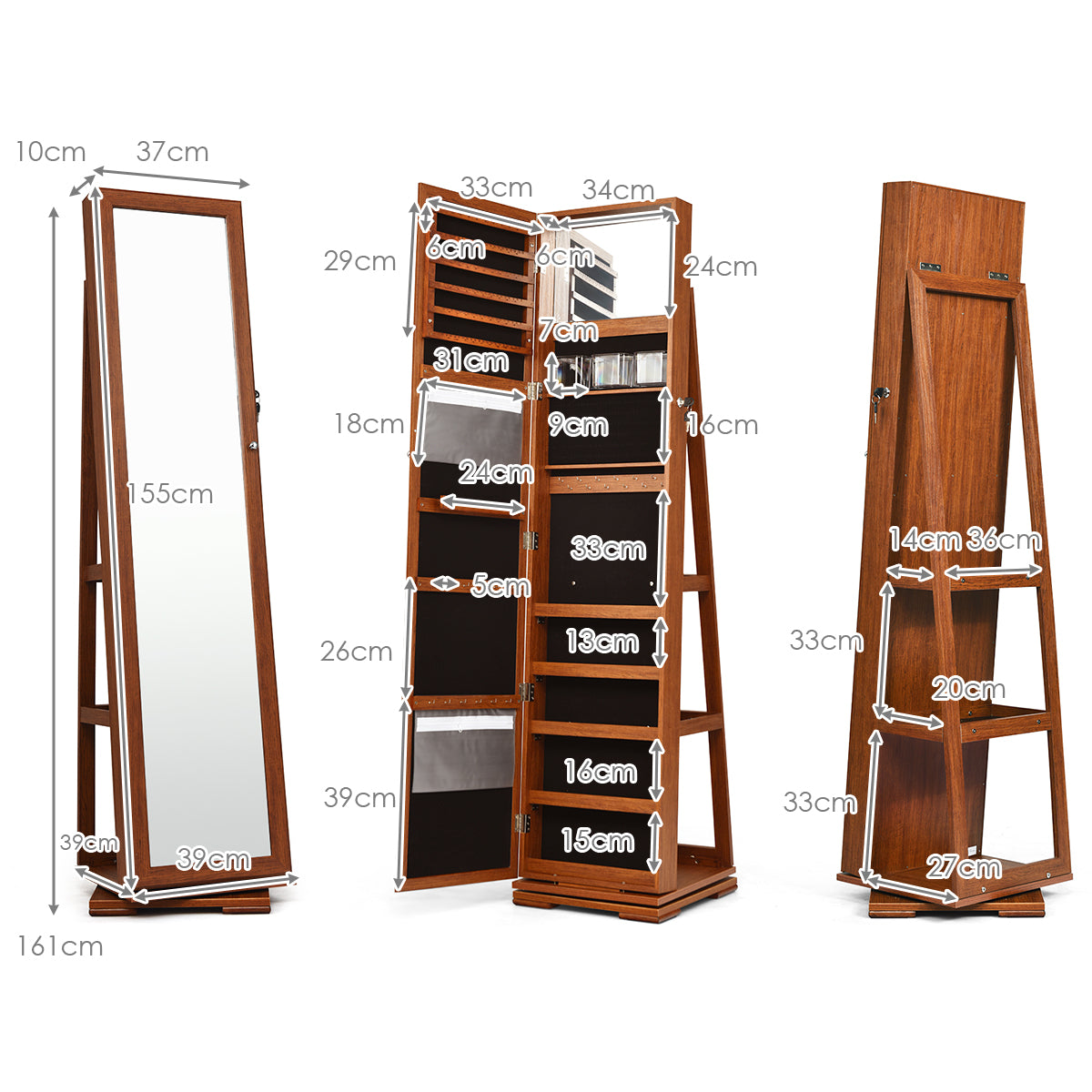 Coast Juwelenkast Met Spiegel - 39 x 39 x 161 cm - Bruin