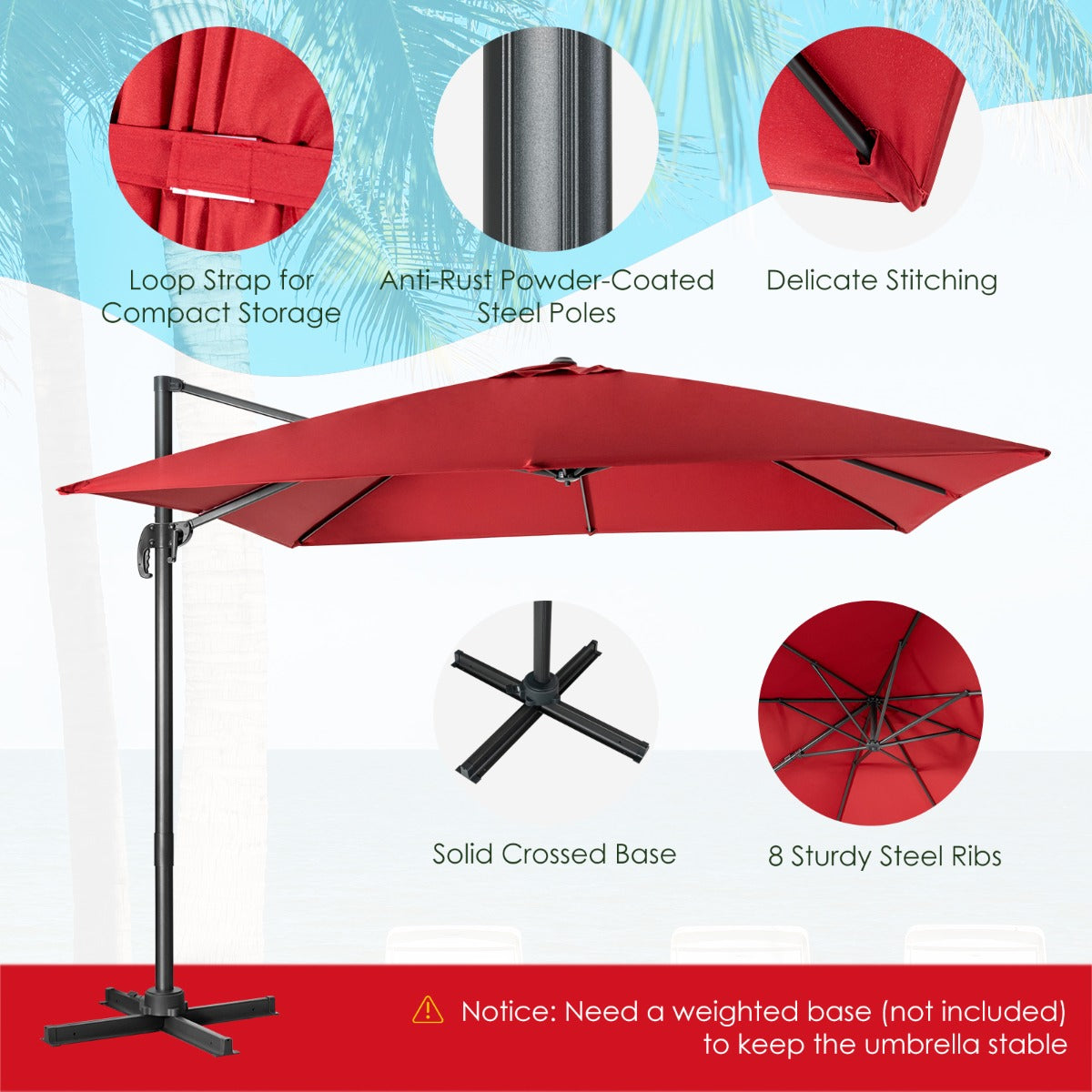 Coast Zweefparasol - Kantelbaar - 300 x 300 x 273 cm - Wijnrood