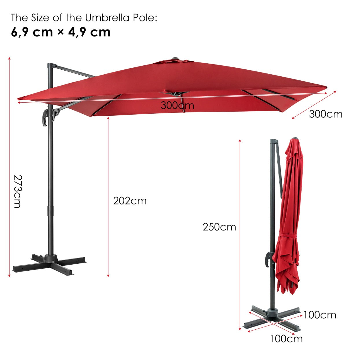 Coast Zweefparasol - Kantelbaar - 300 x 300 x 273 cm - Wijnrood