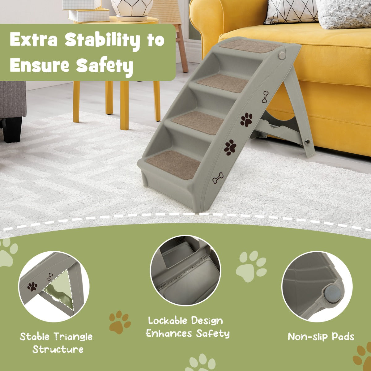 Coast Pet trappen met 4 stappen draagbare klimladder veilig honderd helling 62,5 x 38 x 49 cm grijs