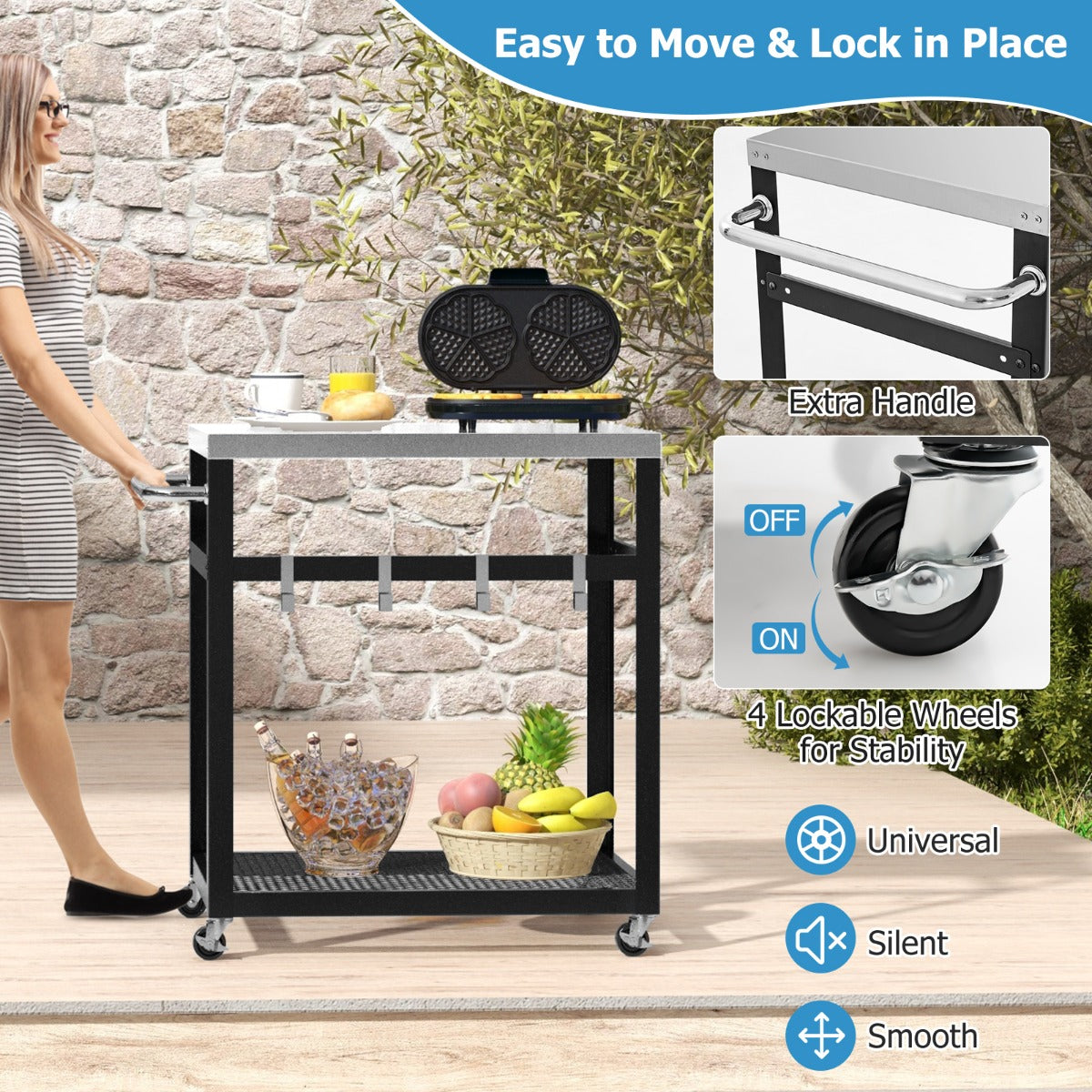Coast Grillkar Met 2 Niveaus - Buitenkar Met Wielen - RVS - Zwart/Zilver