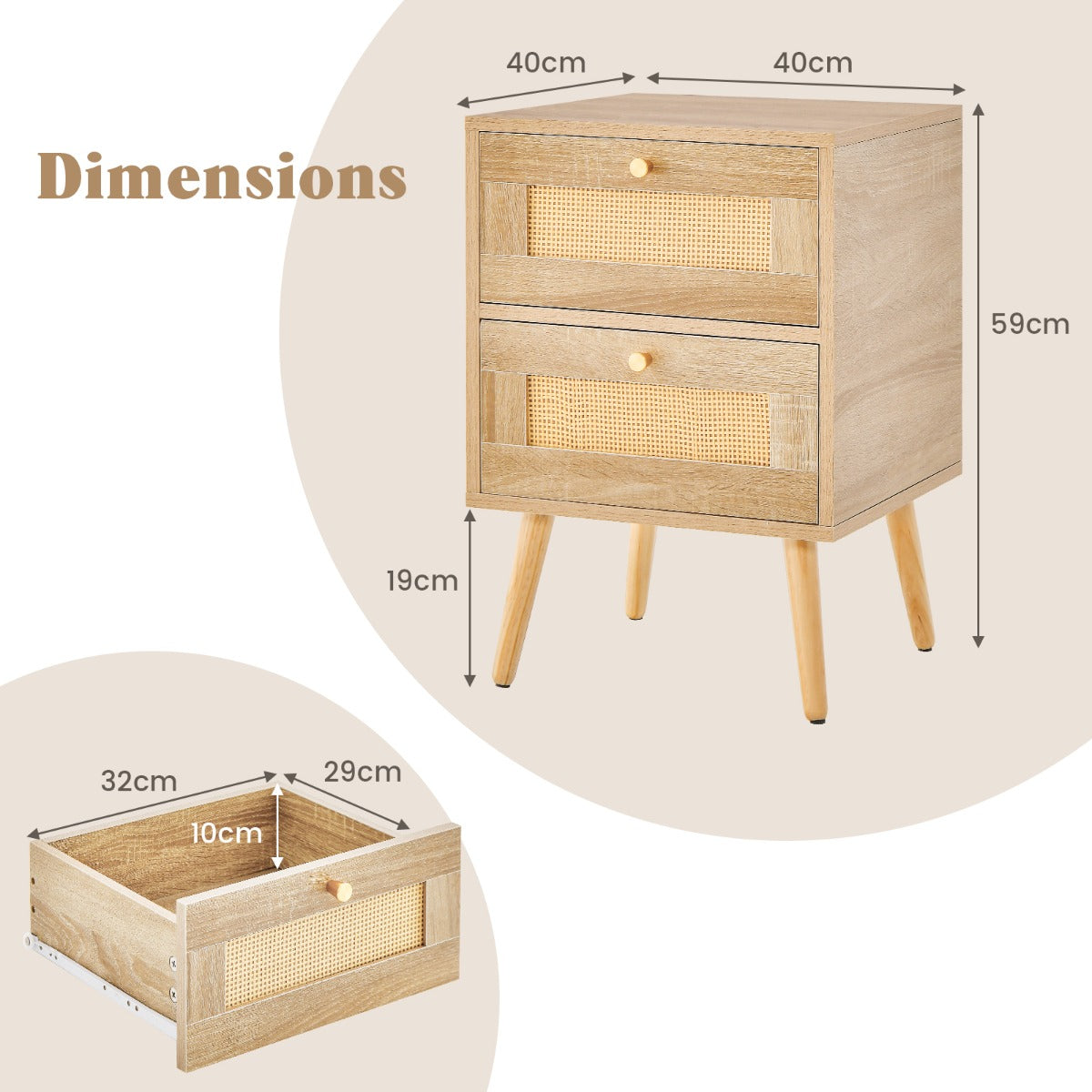 Rotan Nachtkastje met 2 Laden – Mid-Century Modern – Massief Houten Poten – 40 x 35 x 50 cm