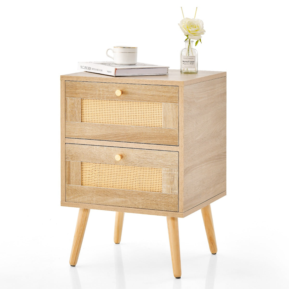 Rotan Nachtkastje met 2 Laden – Mid-Century Modern – Massief Houten Poten – 40 x 35 x 50 cm