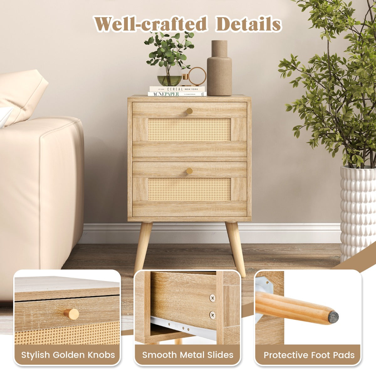 Rotan Nachtkastje met 2 Laden – Mid-Century Modern – Massief Houten Poten – 40 x 35 x 50 cm
