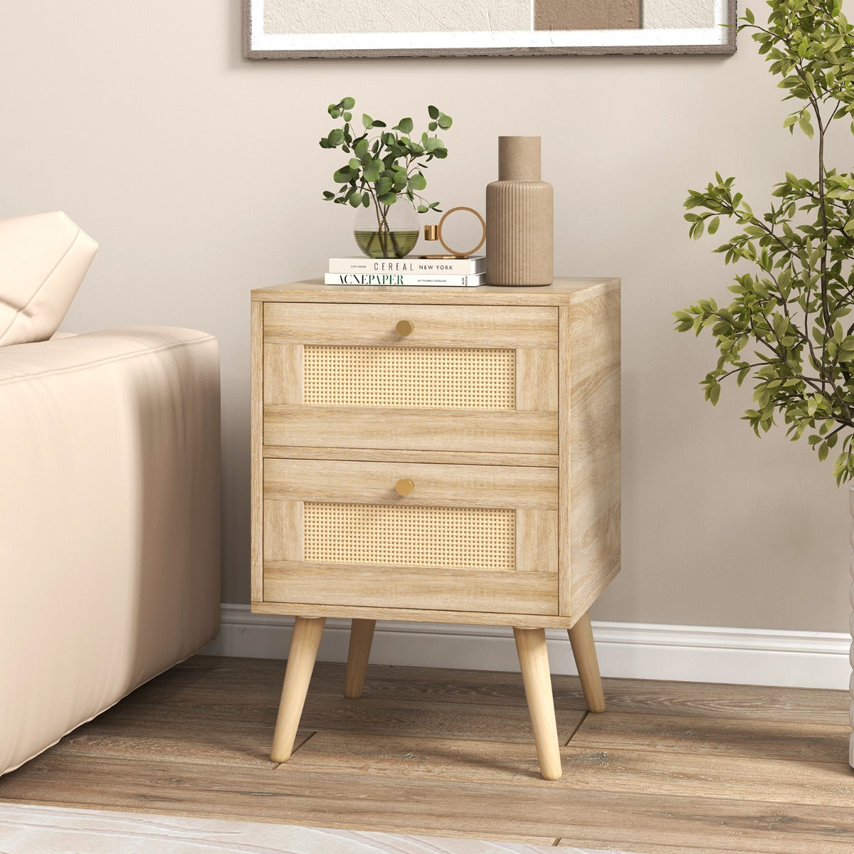 Rotan Nachtkastje met 2 Laden – Mid-Century Modern – Massief Houten Poten – 40 x 35 x 50 cm