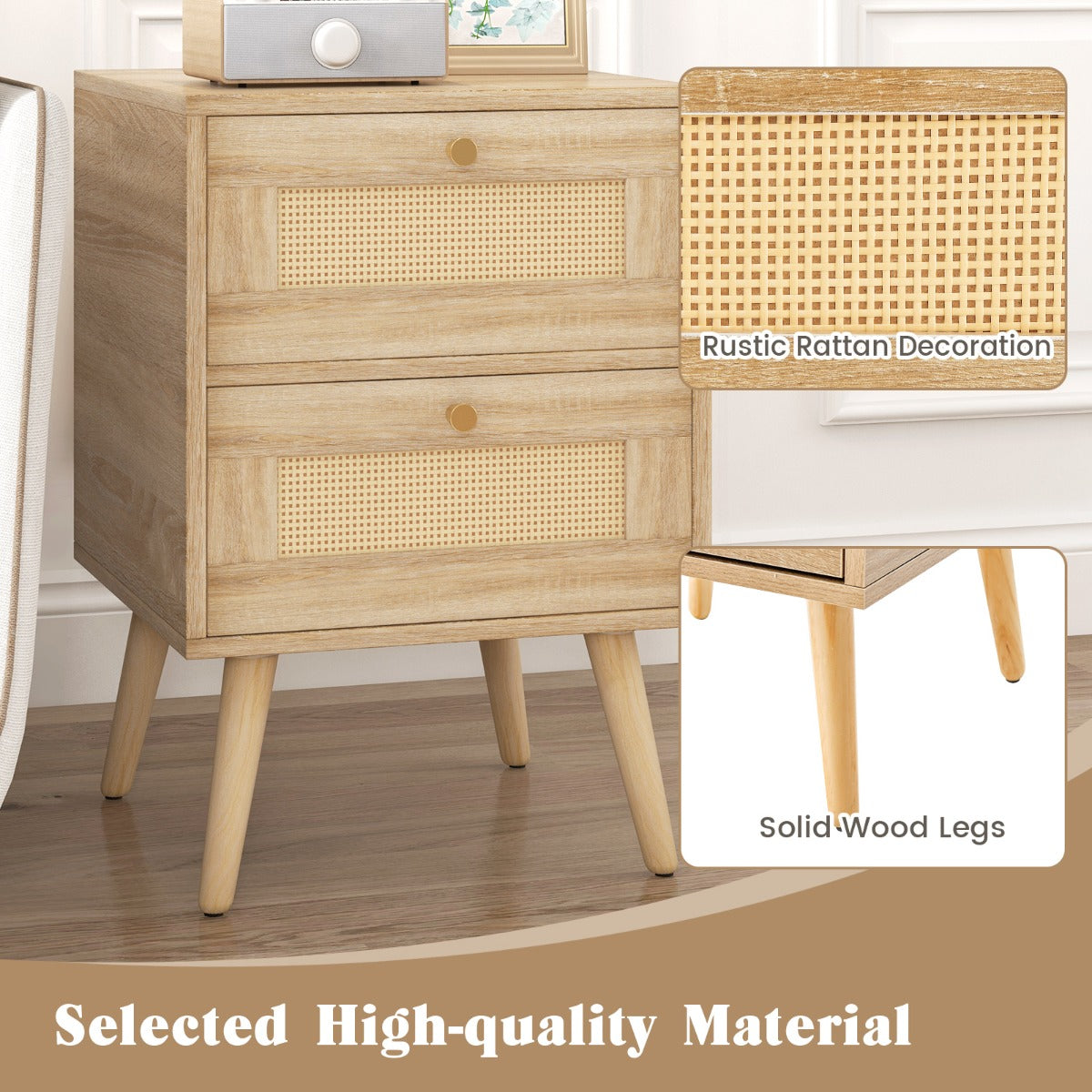 Rotan Nachtkastje met 2 Laden – Mid-Century Modern – Massief Houten Poten – 40 x 35 x 50 cm