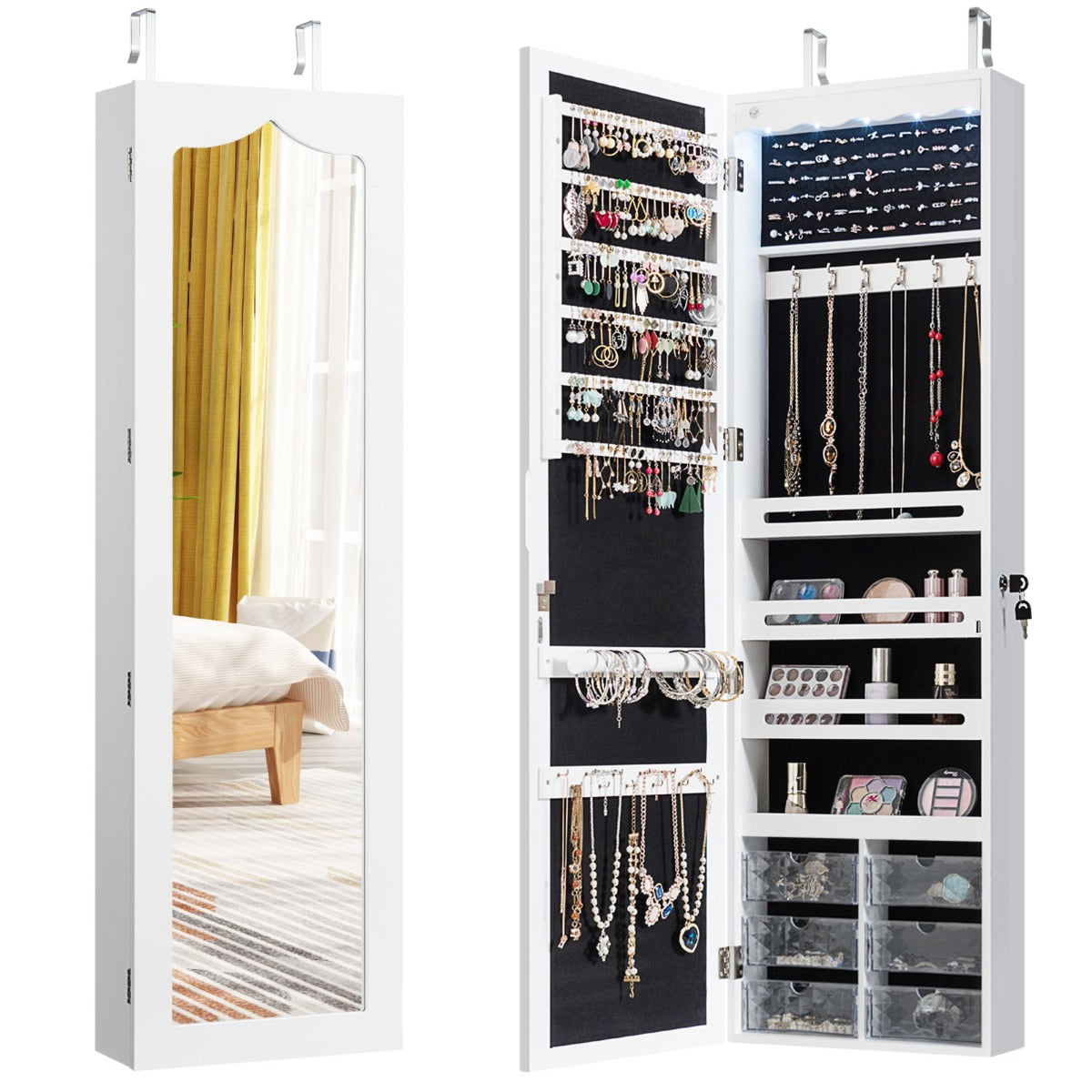 Coast Sieradenkast deurmontage - Met spiegel & LED verlichting - 37 x 12 x 120 cm - Wit