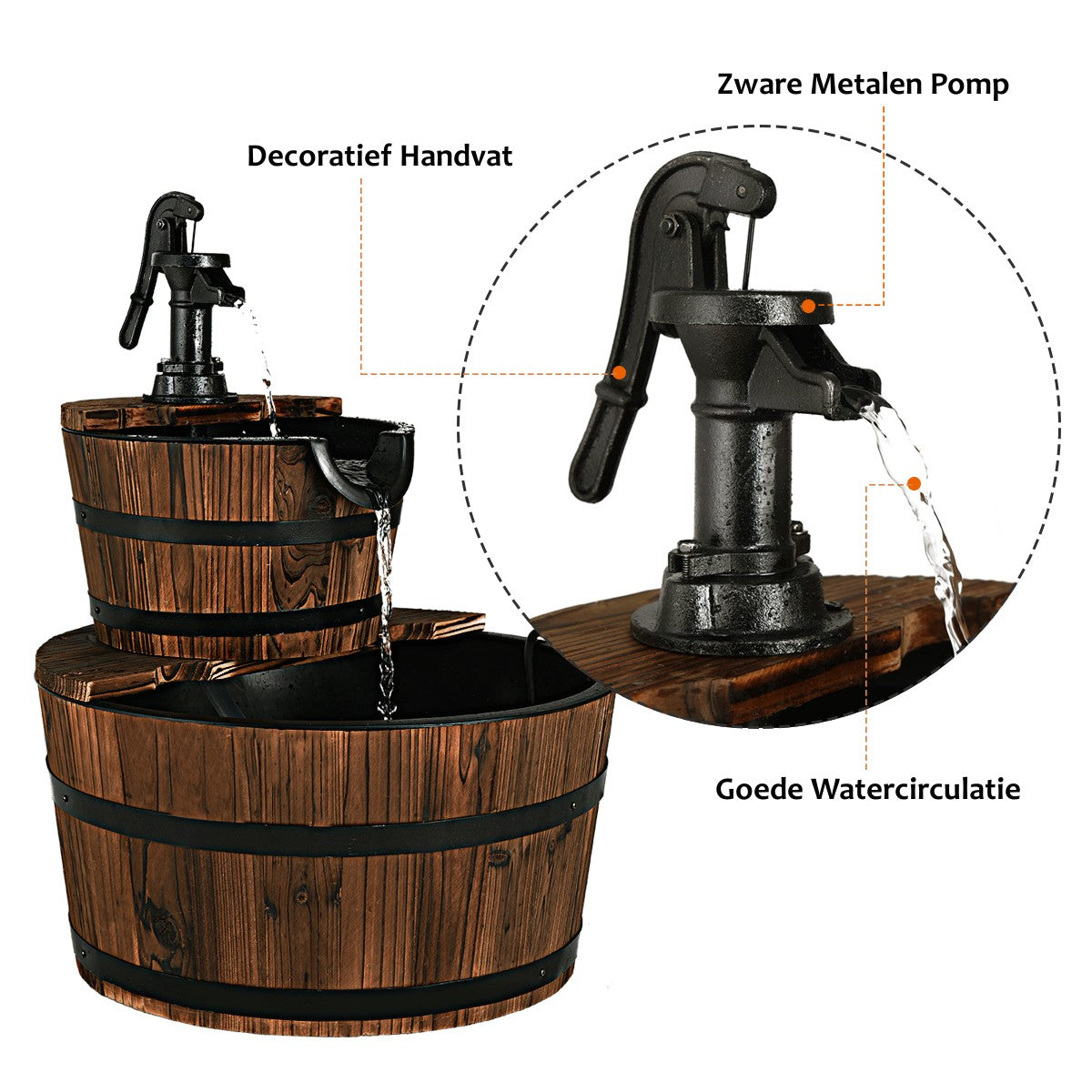 Coast Tuinfontein – Houten Design met Waterpomp – Ø44,5 x 61 cm – Bruin/Zwart