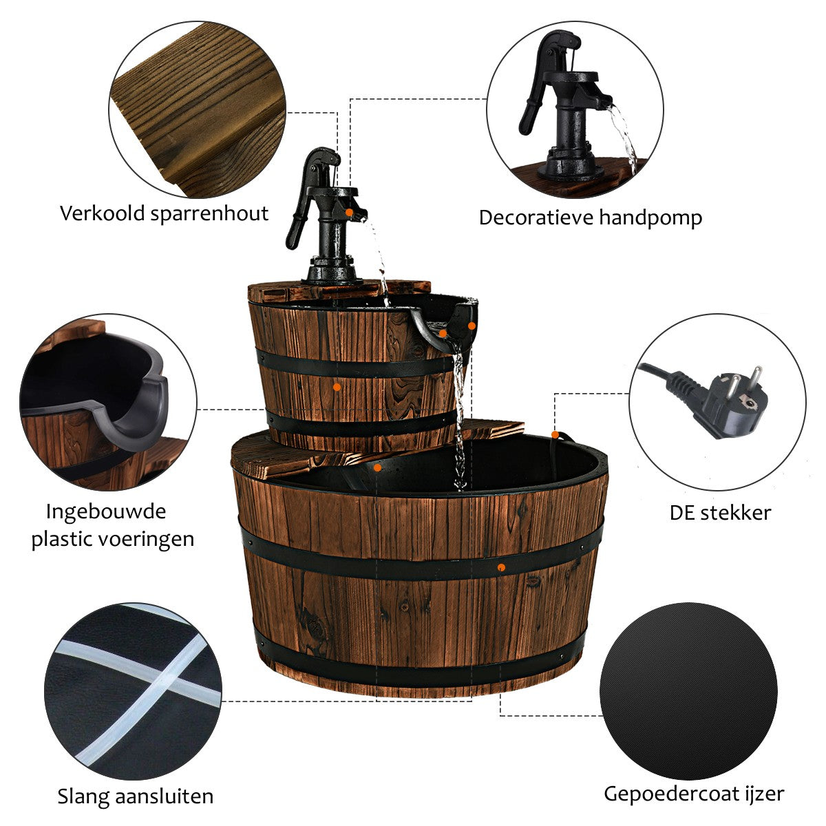 Coast Tuinfontein – Houten Design met Waterpomp – Ø44,5 x 61 cm – Bruin/Zwart