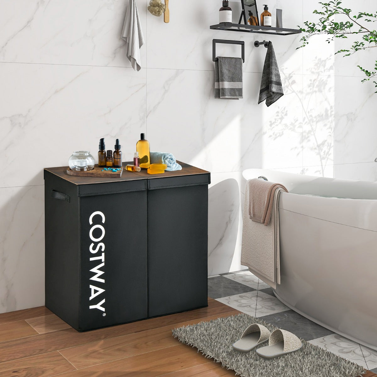 Coast Wasmand met 2 Vakken en Deksel - 115L Inhoud - Vliesstof - Met Handgrepen - 62 x 31 x 60 cm - Zwart