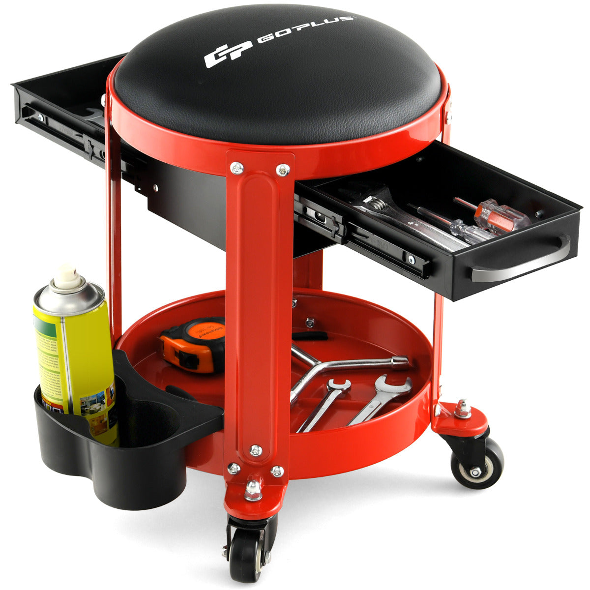 Coast Werkplaatskruk – Incl. Afneembare Zitting & 2 Laden – max. 150 kg – 40 x 40 x 43,5 cm – Zwart/Rood