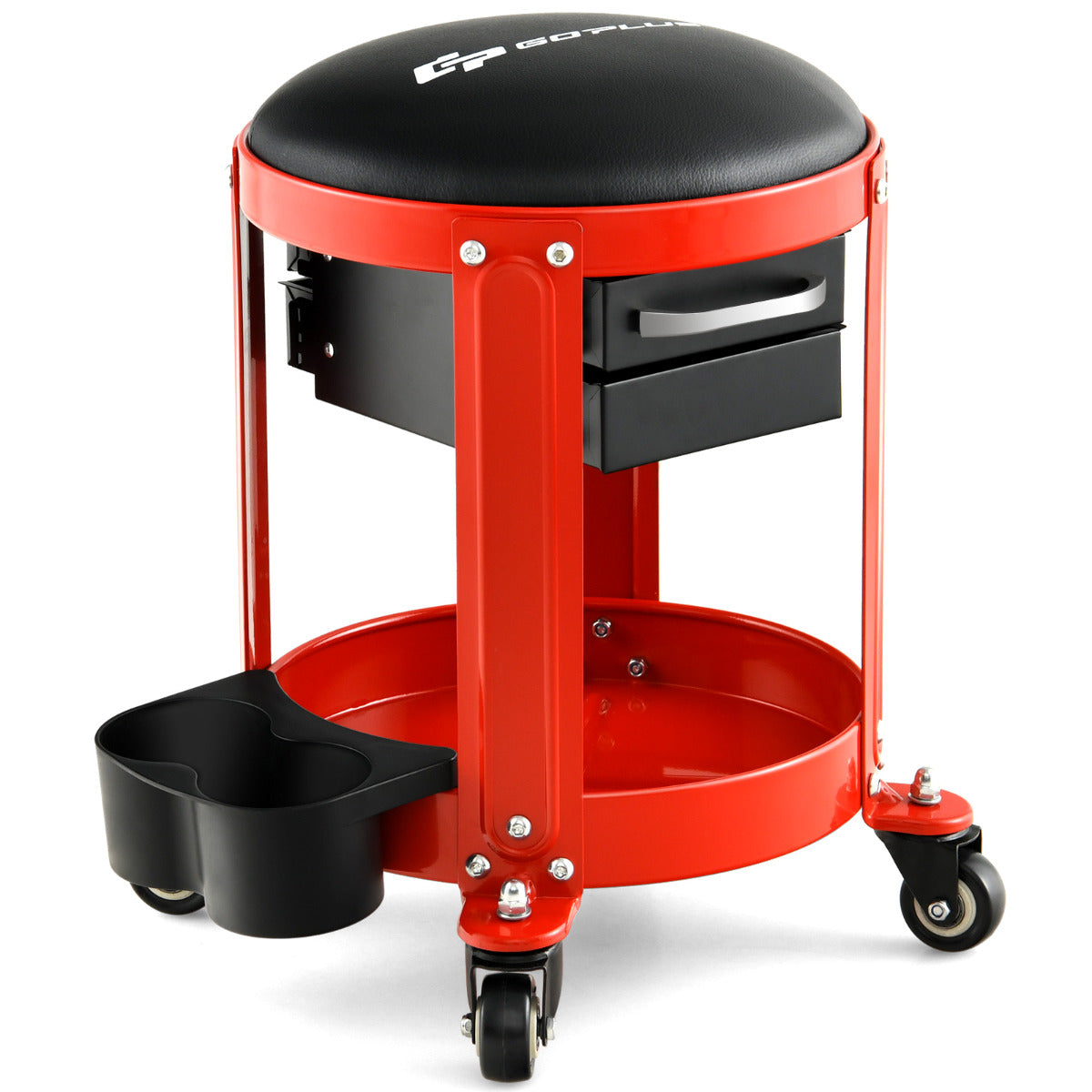 Coast Werkplaatskruk – Incl. Afneembare Zitting & 2 Laden – max. 150 kg – 40 x 40 x 43,5 cm – Zwart/Rood