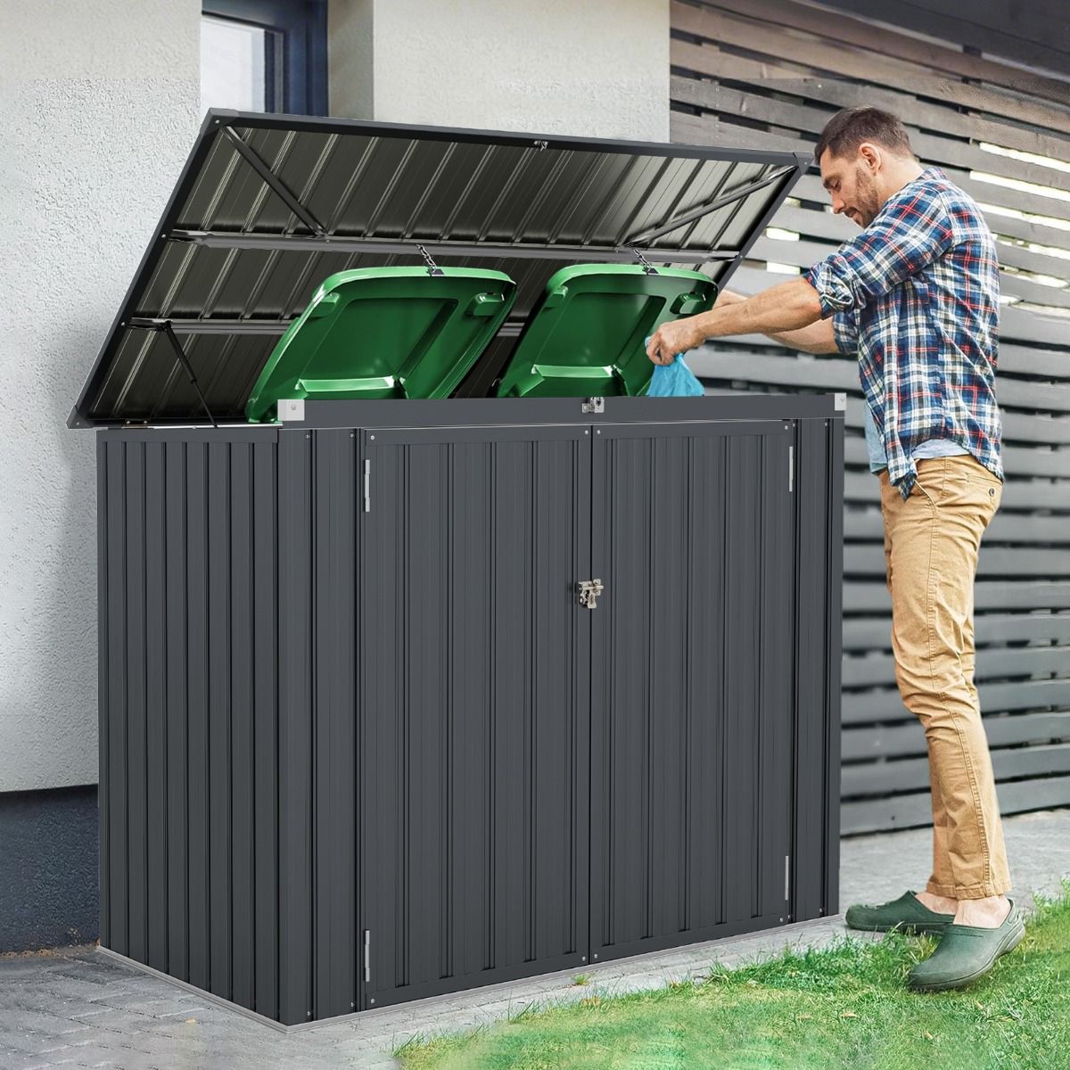Coast Afvaltonnenbox voor 2 afvaltonnen 172x95,5x130 cm Zwart – Duurzame verzinkte metalen opbergbox