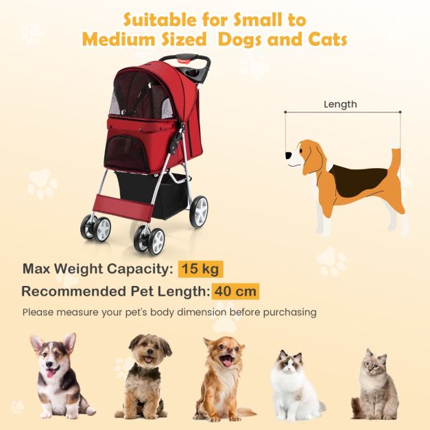 COAST 4-Wiel Opvouwbare Honden- en Kattenwagen Hondenwagen Huisdierbuggy tot 15 kg met Netvensters/Bekerhouders/Aanhangers Rood