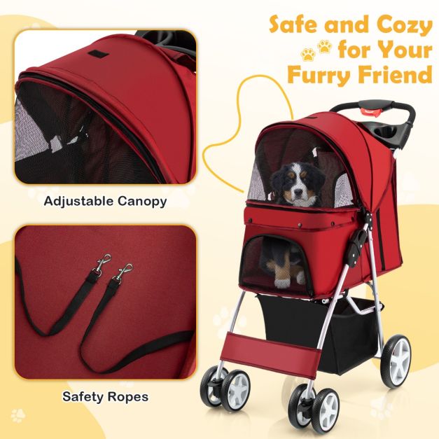 COAST 4-Wiel Opvouwbare Honden- en Kattenwagen Hondenwagen Huisdierbuggy tot 15 kg met Netvensters/Bekerhouders/Aanhangers Rood