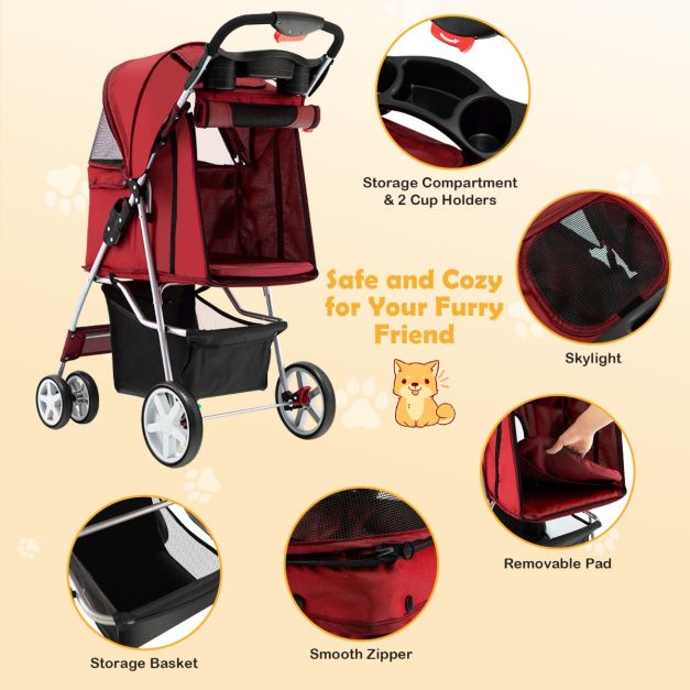 COAST 4-Wiel Opvouwbare Honden- en Kattenwagen Hondenwagen Huisdierbuggy tot 15 kg met Netvensters/Bekerhouders/Aanhangers Rood