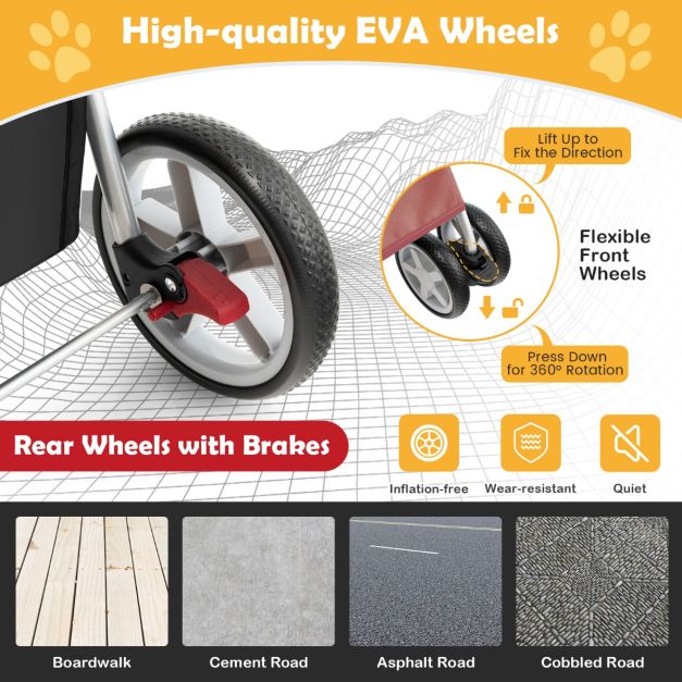 COAST 4-Wiel Opvouwbare Honden- en Kattenwagen Hondenwagen Huisdierbuggy tot 15 kg met Netvensters/Bekerhouders/Aanhangers Rood