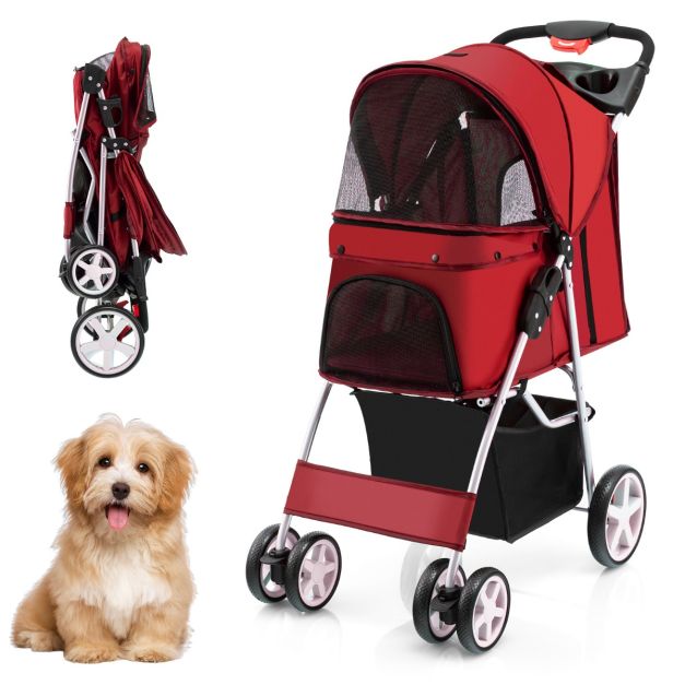 COAST 4-Wiel Opvouwbare Honden- en Kattenwagen Hondenwagen Huisdierbuggy tot 15 kg met Netvensters/Bekerhouders/Aanhangers Rood
