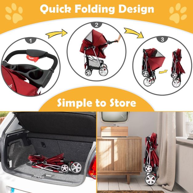 COAST 4-Wiel Opvouwbare Honden- en Kattenwagen Hondenwagen Huisdierbuggy tot 15 kg met Netvensters/Bekerhouders/Aanhangers Rood