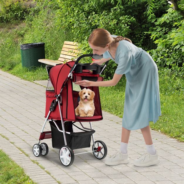 COAST 4-Wiel Opvouwbare Honden- en Kattenwagen Hondenwagen Huisdierbuggy tot 15 kg met Netvensters/Bekerhouders/Aanhangers Rood