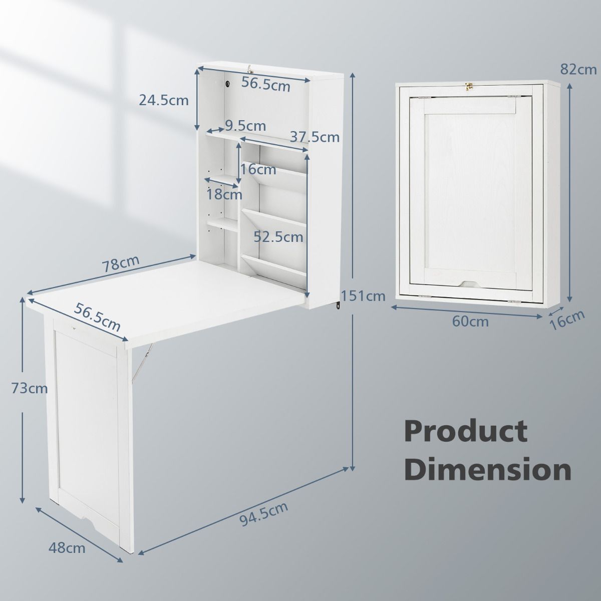 Coast Wandklaptafel Wit – 60 x 94,5 x 151 cm – Inklapbaar Bureau met Opbergruimte