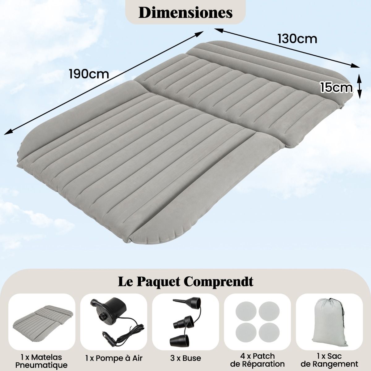 Coast Opblaasbaar SUV Luchtbed Auto Matras Grijs 190 x 130 x 15 cm - Dubbelzijdig Reisbed met Luchtpomp en Draagtas