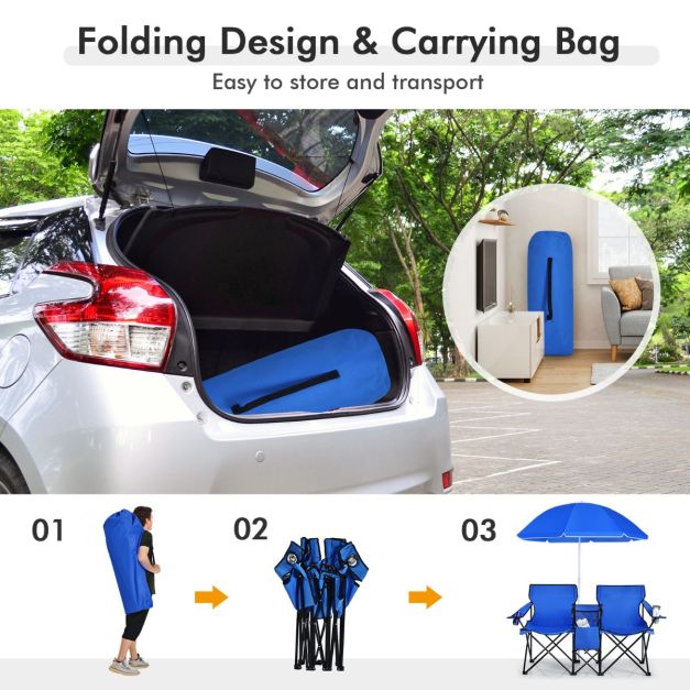 Coast 2-Zits Campingstoel - Met Parasol en Koeltas - Opvouwbaar - Blauw