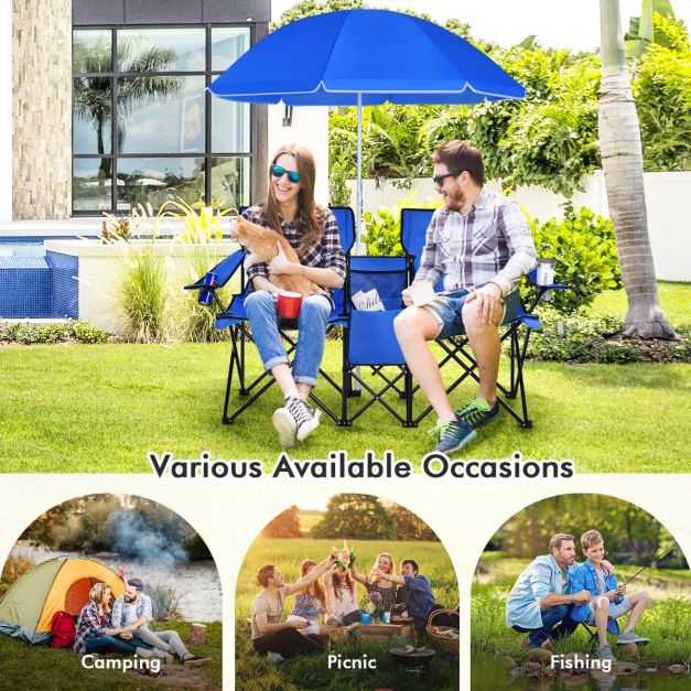 Coast 2-Zits Campingstoel - Met Parasol en Koeltas - Opvouwbaar - Blauw