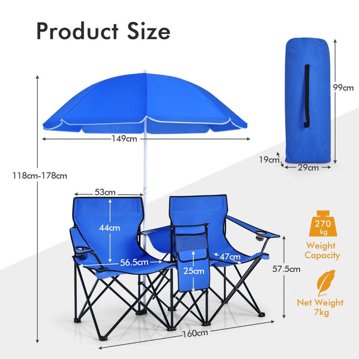 Coast 2-Zits Campingstoel - Met Parasol en Koeltas - Opvouwbaar - Blauw