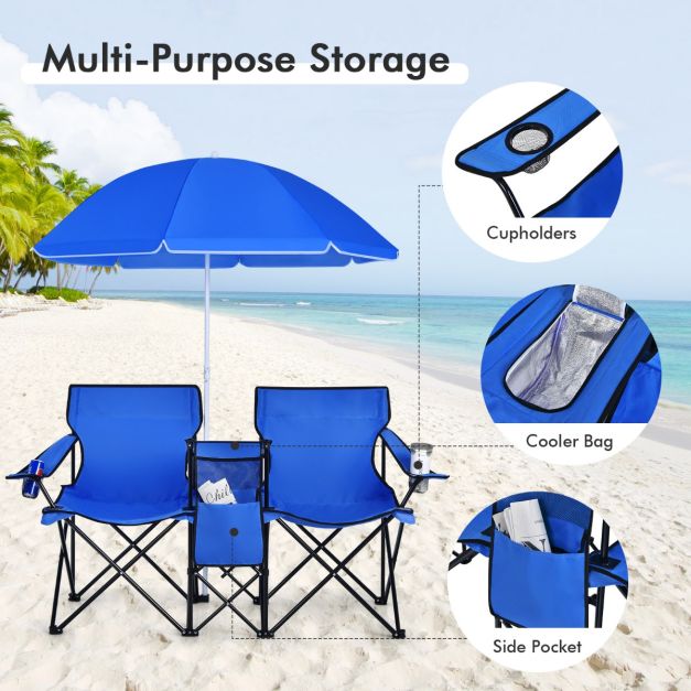 Coast 2-Zits Campingstoel - Met Parasol en Koeltas - Opvouwbaar - Blauw