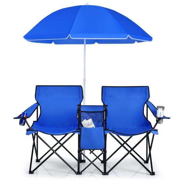 Coast 2-Zits Campingstoel - Met Parasol en Koeltas - Opvouwbaar - Blauw