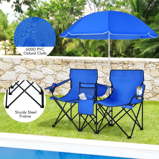 Coast 2-Zits Campingstoel - Met Parasol en Koeltas - Opvouwbaar - Blauw