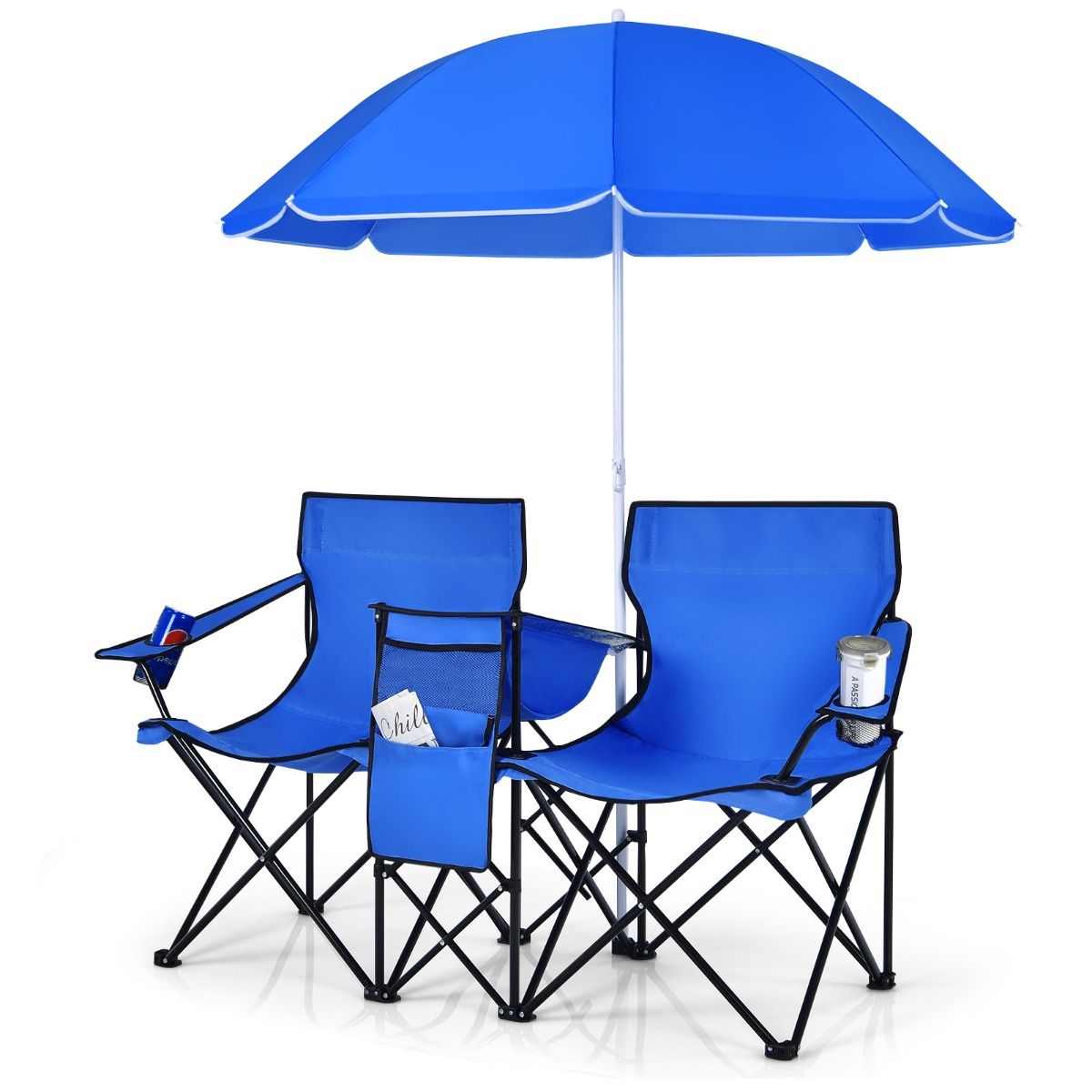 Coast 2-Zits Campingstoel - Met Parasol en Koeltas - Opvouwbaar - Blauw
