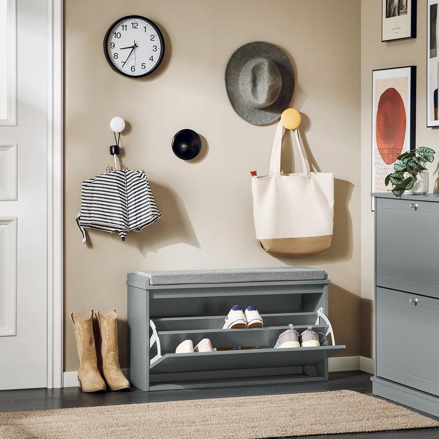 SoBuy FSR98-L-HG Schoenenkast met klep en zitkussen – Lichtgrijs – 80x45x26 cm – Compacte schoenbank voor hal, slaapkamer of woonkamer