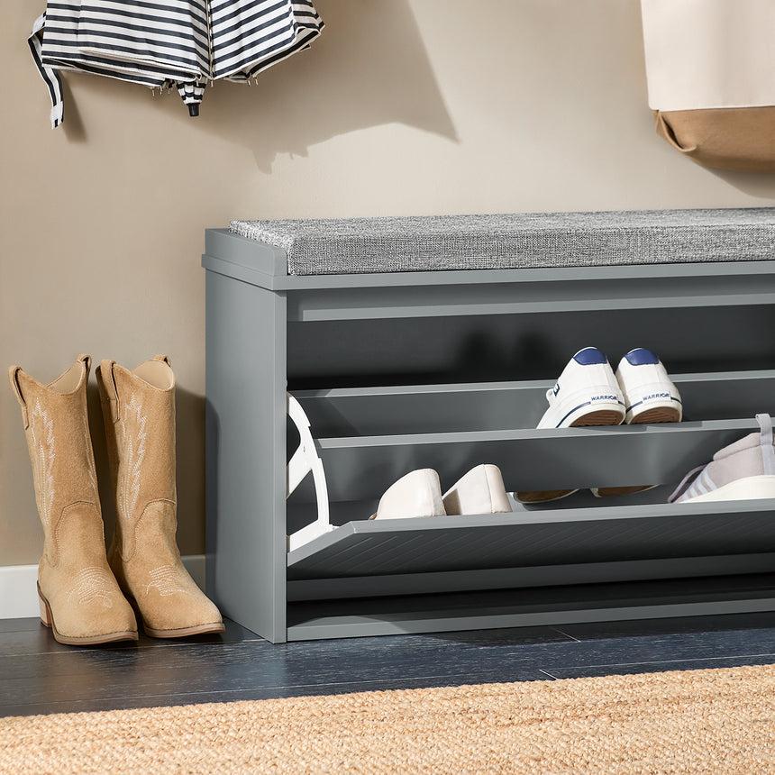 SoBuy FSR98-L-HG Schoenenkast met klep en zitkussen – Lichtgrijs – 80x45x26 cm – Compacte schoenbank voor hal, slaapkamer of woonkamer